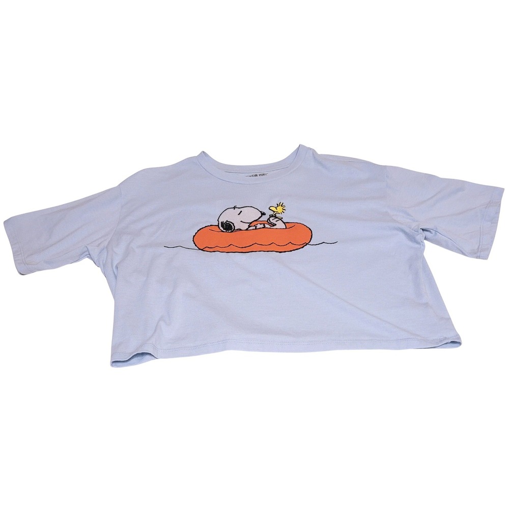 Peanuts Snoopy Woodstock Floating Crop Top Large Light Blue Excellent Boxy Tee